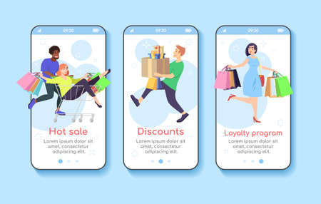 Shopping onboarding mobile app screen template. Hot sale, discounts, loyalty program. Customer attraction marketing. Walkthrough website with flat characters. UX, UI, GUI smartphone cartoon interfaceのイラスト素材