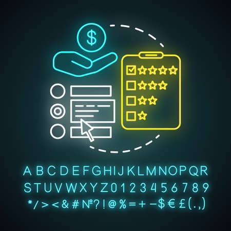 Fare preference neon light icon. Transportation costs, expenses. Services, airline classes price. Airplane amenities. Glowing sign with alphabet, numbers and symbols. Vector isolated illustrationのイラスト素材