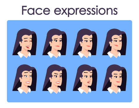 Woman cartoon character faces vector set. Office worker with different facial expressions flat illustrations. Avatar various emotions, moods. Person isolated heads, portraits for animation packのイラスト素材