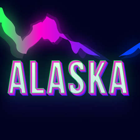 Alaska vintage 3d vector lettering. Retro bold font, typeface. Pop art stylized text. Old school style neon light letters. 90s, 80s poster, banner design. Northern lights dark violet color backgroundのイラスト素材