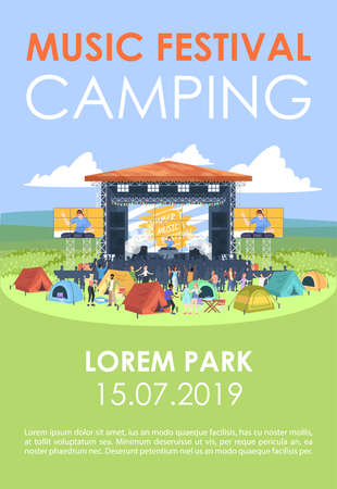 Music festival camping brochure template. Open air music fest flyer, booklet, leaflet concept with flat illustrations. Vector page layout for magazine. Advertising invitation with text spaceのイラスト素材