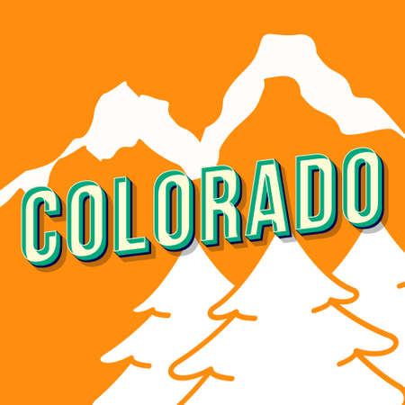 Colorado vintage 3d vector lettering. Retro bold font, typeface. Pop art stylized text. Old school style letters. 90s, 80s poster, banner typography design. Apricot color background with landscapeのイラスト素材