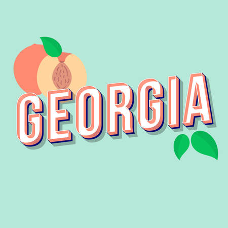 Georgia vintage 3d vector lettering. Retro bold font, typeface. Pop art stylized text. Old school style letters. 90s, 80s poster, banner, t shirt typography design. Mint color background with peachesのイラスト素材