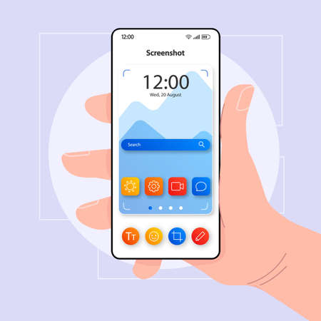 Screenshots taking smartphone interface vector template. Mobile app page color design layout. Camera focus screen. Flat UI for application. Hand holding phone with making screen photo tool on displayのイラスト素材