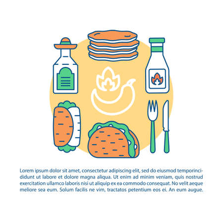 Mexican cuisine article page vector template. Catering service. Brochure, magazine, booklet design element with linear icons and text boxes. Print design. Concept illustrations with text spaceのイラスト素材