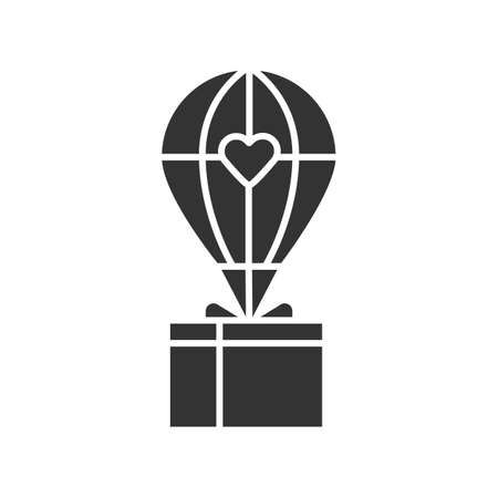 Humanitarian assistance glyph icon. Delivery aid to people in need. Hot air balloon with box. Material, food and goods support. Silhouette symbol. Negative space. Vector isolated illustrationのイラスト素材