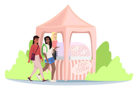 Fast food market stall with popcorn flat vector illustration. Popcorn machine booth on fairground. Girls at circus fair, funfair cartoon characters. Summer festival, city event, urban park attractionsのイラスト素材