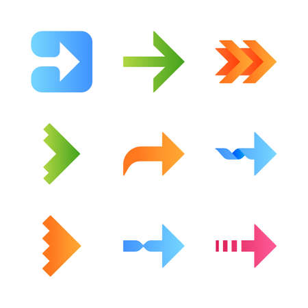 Right arrows flat design long shadow color icons set. Forward, curved, dotted, twisted next, forward...