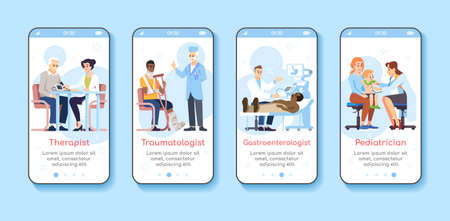 Medicine and healthcare service onboarding mobile app screen template. Therapist, traumatologist, pediatrician. Walkthrough website steps with flat characters. UX, UI, GUI smartphone cartoon interfaceのイラスト素材