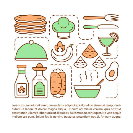 Mexican cuisine article page vector template. Catering service. Brochure, magazine, booklet design element with linear icons and text boxes. Print design. Concept illustrations with text spaceのイラスト素材