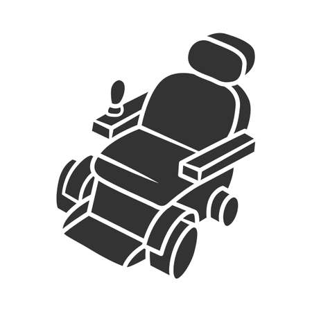 Motorized wheelchair glyph icon. Mobility aid device for physically disabled people. Transportation for handicapped person. Silhouette symbol. Negative space. Vector isolated illustrationのイラスト素材