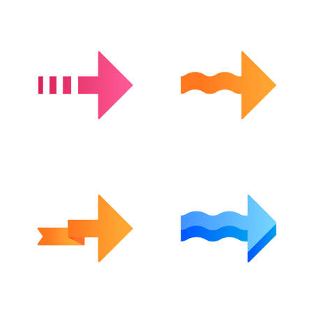 Forward arrows flat design long shadow color icons set. Dotted, folding, next, forward arrows. Rightward direction. Indicating arrowhead. Navigation symbol. Motion. Vector silhouette illustrationsのイラスト素材