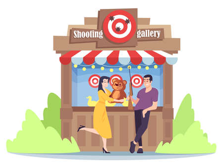 Shooting gallery flat illustration. Boyfriend won prize for girlfriend at shooting range. Amusement park, funfair entertainment. Couple play game at summer circus fair, festival cartoon charactersのイラスト素材