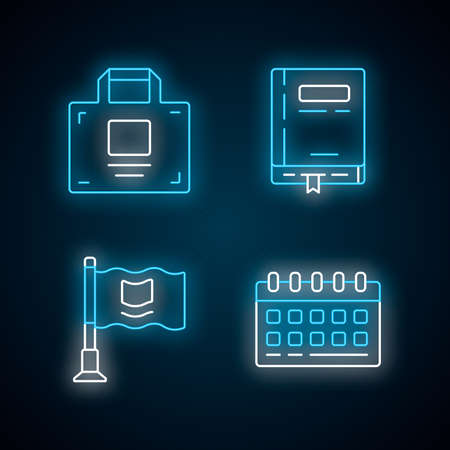 Office Accessories Neon Light Icons Set Business Supplies Glowing Office Accessories Neon Light Icons Set