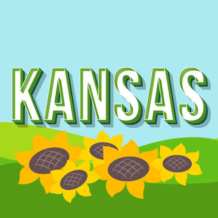 Kansas vintage 3d vector lettering. Retro bold font, typeface. Pop art stylized text. Old school style letters. 90s, 80s poster, banner, t shirt typography design. Rural landscape color backgroundのイラスト素材