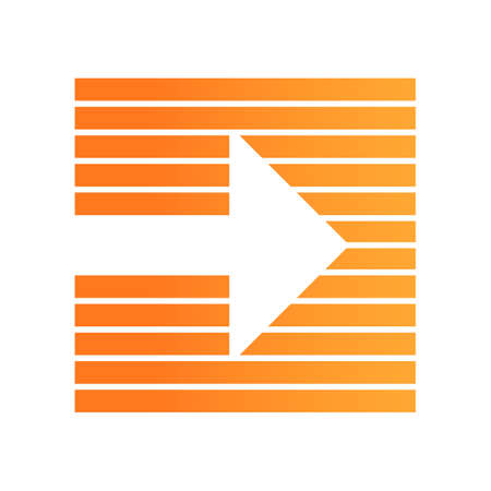 Orange arrow on striped background flat design long shadow color icon. Arrowhead pointing rightward. Navigation indicator on horizontal striped backdrop. Pointing sign. Vector silhouette illustrationのイラスト素材