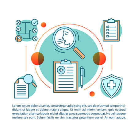 Allergy guide article page vector template. Medical screening, testing. Brochure, magazine, booklet design element with icons and text boxes. Print design. Concept illustrations with text spaceのイラスト素材