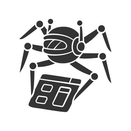 Crawler glyph icon. Spiderbot. Search engine optimization. Content monitoring. Artificial intelligence. Web indexing. Robot software. Silhouette symbol. Negative space. Vector isolated illustrationのイラスト素材