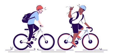 Friends riding bicycles flat vector illustrations. Cyclists with helmets, sportsmen, athletes on...