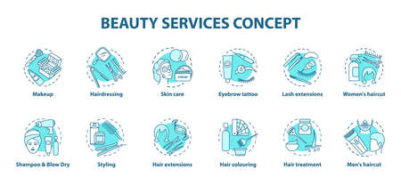 Beauty services blue concept icons set. Beauty salon, SPA face skin care procedures idea thin line illustrations. Hairdressing and makeup. Vector isolated outline drawings. Editable strokeのイラスト素材