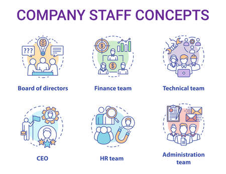 Company staff concept icons set. Corporate personnel, workforce idea thin line illustrations. CEO & board of directors. Human resources management. Vector isolated outline drawings. Editable strokeのイラスト素材