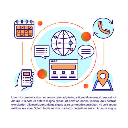 Contact center article page vector template. Customer support service. Communication. Brochure, magazine, booklet design element with linear icons and text. Print design. Concept illustrationsのイラスト素材