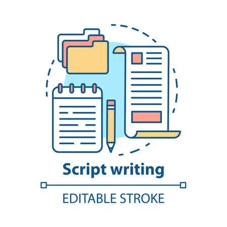 Script writing concept icon. Screenwriting, scriptwriting. Copywriting idea thin line illustration. Content creating. Article, essay writing. Vector isolated outline drawing. Editable strokeのイラスト素材