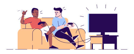 Boys rivalry in videogame flat vector illustration. Students, roommates holding joysticks. Happy winner, disappointed loser isolated cartoon characters with outline elements on white backgroundのイラスト素材