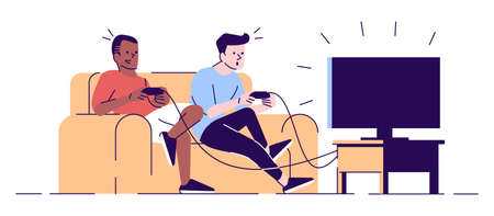 Boys playing videogame flat vector illustration. Students, roommates with joysticks looking at TV set screen, sitting on sofa isolated cartoon characters with outline elements on white backgroundのイラスト素材