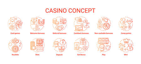 Casino concept icons set. Online games of chance and bonuses idea thin line illustrations. Slot machines, card games, roulette. Gambling. Vector isolated outline drawings packのイラスト素材