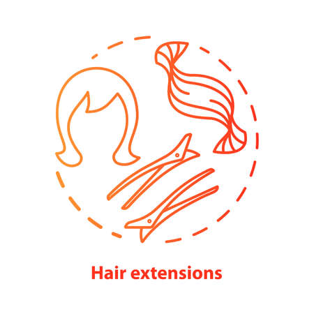Hair extensions blue concept icon. Clip in hair tapes, wig and accessories idea thin line illustration. Hairdresser, hairstylist parlor. Red gradient vector isolated outline drawing. Editable strokeのイラスト素材
