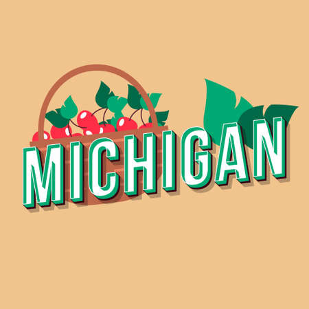 Michigan vintage 3d vector lettering. Retro bold font, typeface. Pop art stylized text. Old school style letters . 90s, 80s poster, banner, t shirt typography design. Pastel color backgroundのイラスト素材