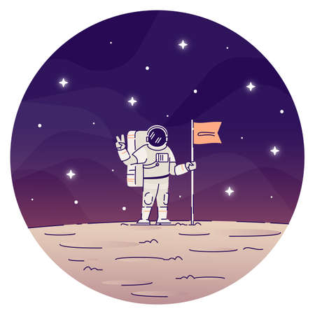 Astronaut planting flag on moon flat concept icon. Male cosmonaut wearing spacesuits,  making peace sign with hand sticker, clipart. Planet landing isolated cartoon illustration on white backgroundのイラスト素材