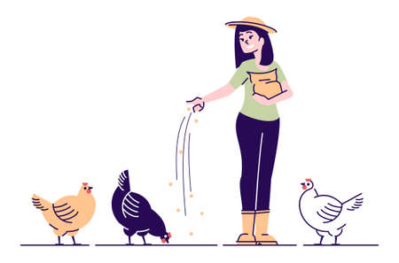 Female farmer feeding chickens flat vector character. Poultry backyard farm cartoon concept with outline. Rural woman feeding hens with grain. Poultry breeding, hennery, organic bird agricultureのイラスト素材