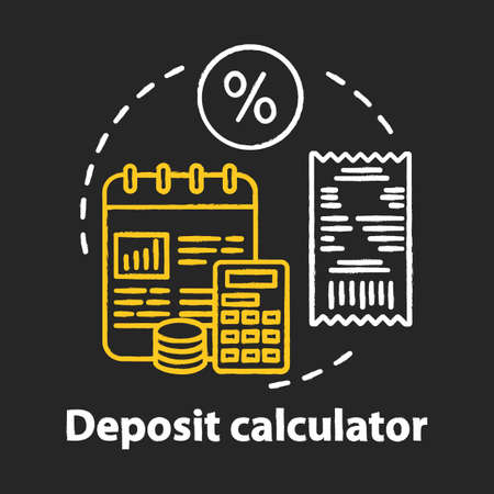 Deposit calculator chalk concept icon. Savings idea. Accounting tool. Budgeting and financing. Counting profits, interest percentage. Financial services. Vector isolated chalkboard illustrationのイラスト素材