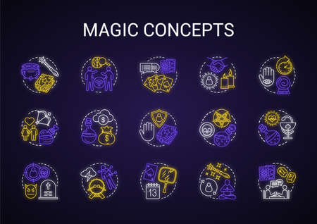 Magic neon light concept icons set. Occultism, sorcery and witchcraft idea. Glowing sign with alphabet, numbers and symbols. Vector isolated illustration. Various spells and alchemy potionsのイラスト素材
