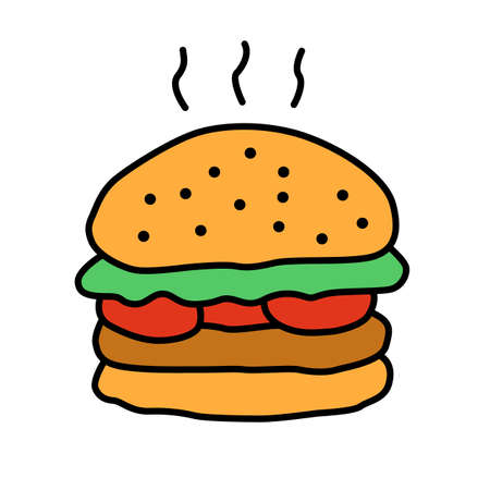 Delicious burger color icon. Traditional hamburger, junk food isolated vector illustration. Unhealthy nutrition, harmful food, takeaway service cartoon symbol. Grilled patty with buns and vegetablesのイラスト素材