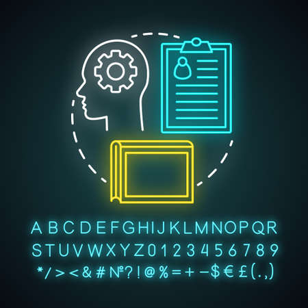 Bibliographic lifestyle neon light concept icon. Information professional idea. Collecting, organizing records and archives. Glowing sign with alphabet, numbers, symbols. Vector isolated illustrationのイラスト素材