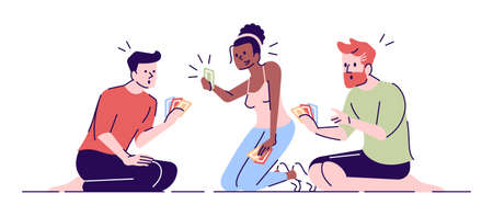 Friends playing cards flat vector illustrations. Cheerful girl happy with successful combination. Frustrated boys holding cards isolated cartoon characters with outline elements on white backgroundのイラスト素材