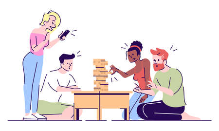 Friends playing games vector illustrations. Couples enjoy table game. Girls pulling wooden block from tower, taking photos isolated cartoon characters with outline elements on white backgroundのイラスト素材