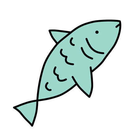 Raw fish blue color icon. Saltwater animal with fins, gills and scales, sealife isolated vector illustration. Marine cuisine, fishing hobby cartoon symbol. Delicious natural seafood, tasty eatingのイラスト素材