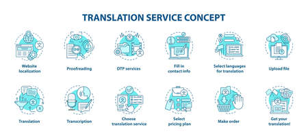 Translation service blue concept icons set. Foreign language translation idea thin line illustrations. DTP services and proofreading. Upload file. Vector isolated outline drawings. Editable strokeのイラスト素材