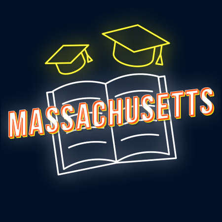 Massachusetts vintage 3d vector lettering. Retro bold font, typeface. Pop art stylized text. Old school style neon light letters. 90s, 80s poster, t shirt typography design. Dark blue color backgroundのイラスト素材