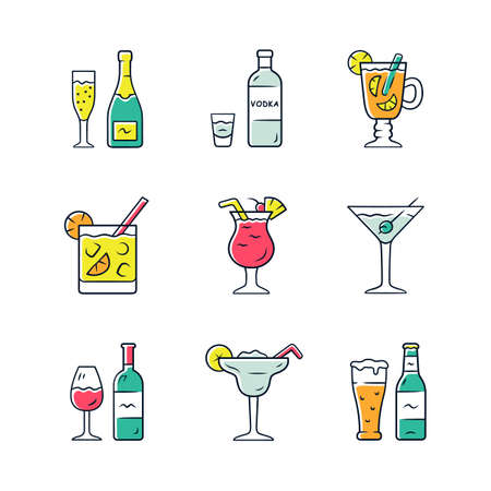 Drinks color icons set. Alcohol drinks card. Champagne, vodka, hot toddy, wine, beer, cocktail in lowball glass, martini, margarita, pina colada. Isolated vector illustrations