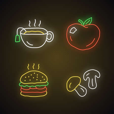 Delicious lunch neon light icons set. Tasty breakfast, fast food and drink glowing signs. Hot tea, ripe apple, burger and mushrooms vector isolated illustrations. Healthy and harmful nutritionのイラスト素材