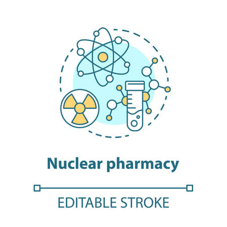 Pharmacy concept icon. Nuclear medication idea thin line illustration. Radioactive element research. Chemotherapy and radioactive drugs. Vector isolated outline drawing. Editable strokeのイラスト素材