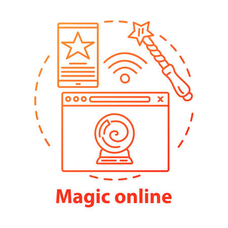 Magic online concept icon. Modern esoterics idea thin line illustration. Internet technology, witchcraft, fortune telling service. Wizard wand and crystal ball vector isolated outline drawingのイラスト素材