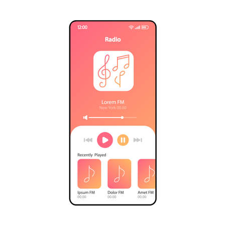 FM radio app smartphone interface vector template. Mobile page coral design layout. Online music listening screen. Flat UI for application with audio playlist. MP3 player widget. Phone displayのイラスト素材