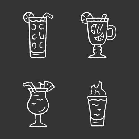 Drinks chalk icons set. Cocktail in highball glass, hot toddy, pina colada, flaming shot. Alcoholic mixes and soft drinks. Refreshing and warming beverages. Isolated vector chalkboard illustrationsのイラスト素材