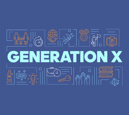 Generation X word concepts banner. Respect for balance between family, work and hobby. Presentation, website. Isolated lettering typography idea with linear icons. Vector outline illustrationのイラスト素材